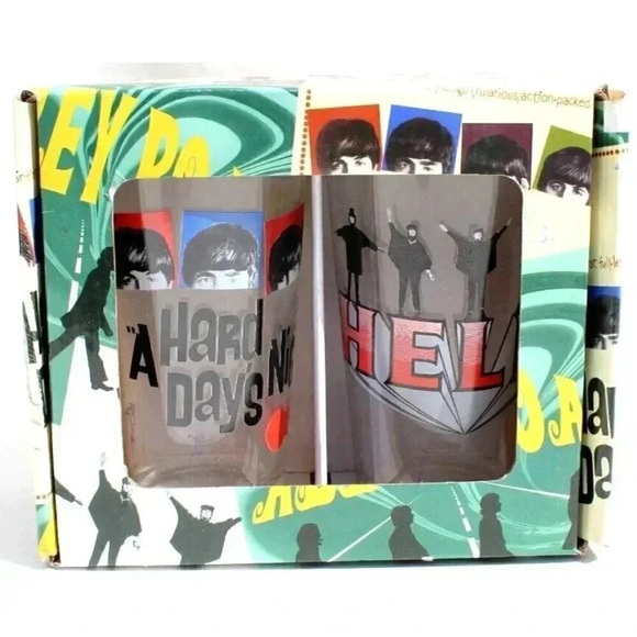 New Set 2 Beatles Glasses 16 oz Tumblers Glasses Cups HELP & A HARD DAYS NIGHT - Picture 1 of 4